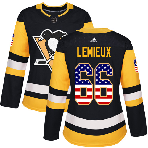 Adidas Penguins #66 Mario Lemieux Black Home Authentic USA Flag Women's Stitched NHL Jersey - Click Image to Close